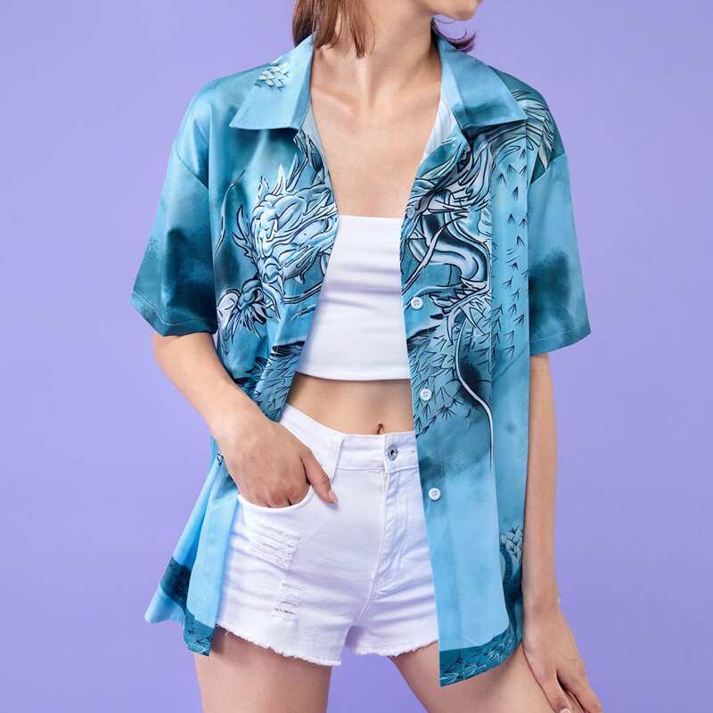 

Chinese Dragon Print Button Front Blouse, Blue