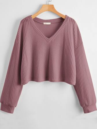Camiseta de manga corta de punto de gofre con cuello en V de talla grande