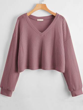 SHEIN EZwear 大碼素色V領華夫格編織T恤