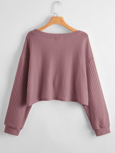 Camiseta de manga corta de punto de gofre con cuello en V de talla grande