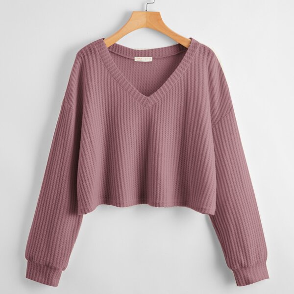 

Plus Solid V-Neck Waffle Knit Tee, Redwood