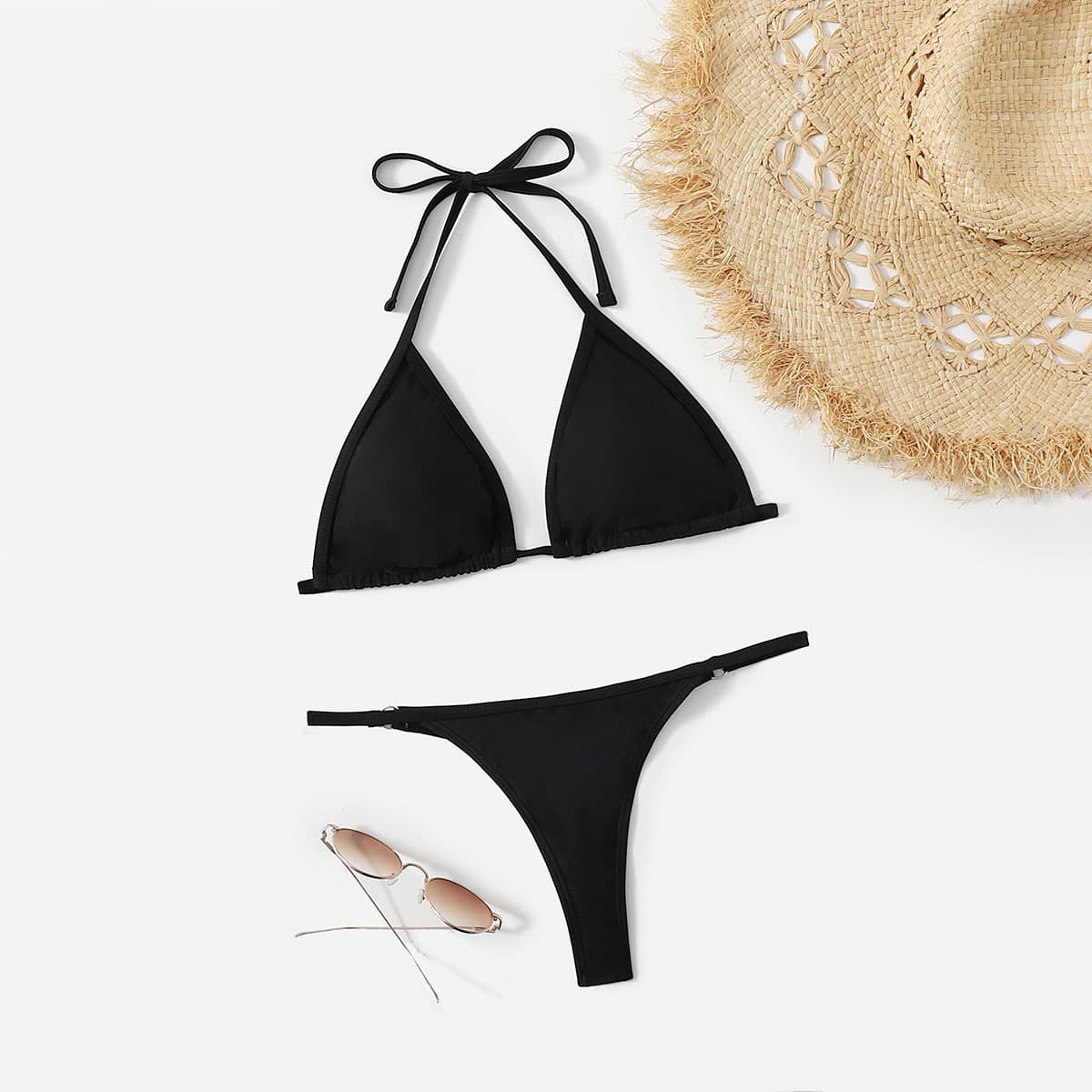 

Solid Triangle Bikini Swimsuit, Black