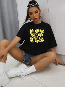 Camiseta amplia con estampado de dibujos animados - Negro - Ver 1