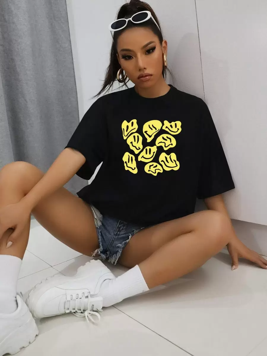 Camiseta amplia con estampado de dibujos animados - Negro - Ver 1