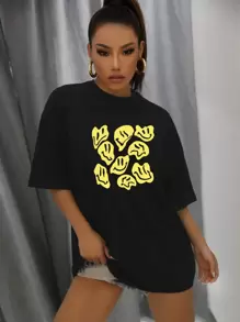 Camiseta amplia con estampado de dibujos animados - Negro - Ver 3