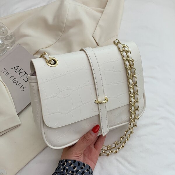 

Croc Embossed Chain Shoulder Bag, Beige