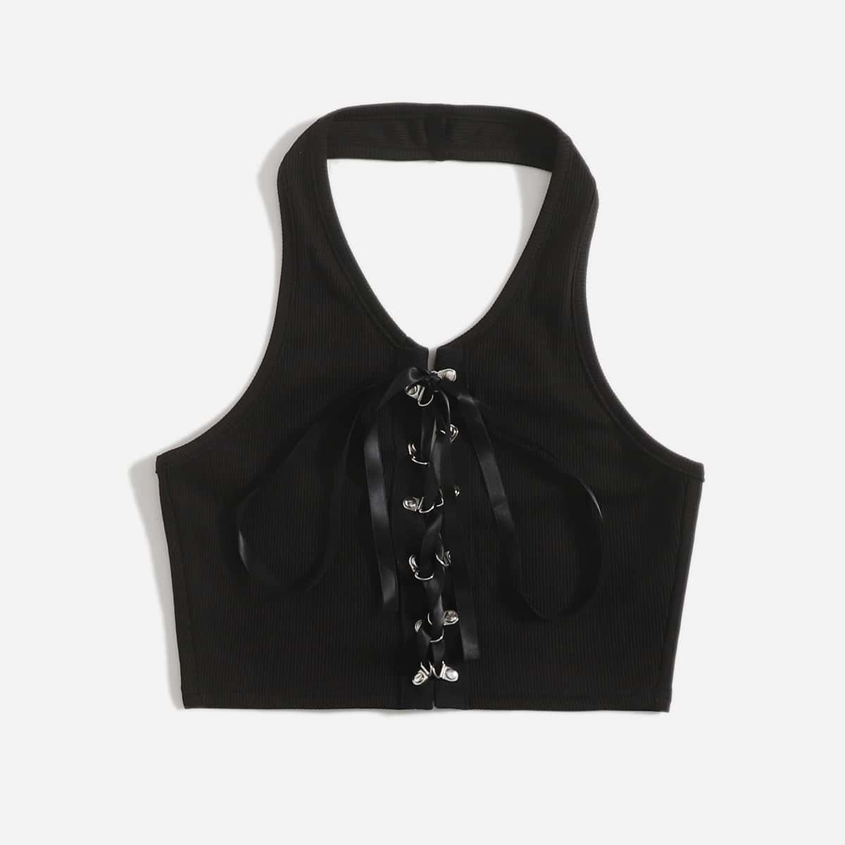 

Solid Lace Up Halter Top, Black