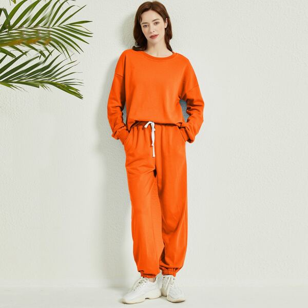 

1pc Neon Orange Solid Sweatshirt & 1pc Sweatpants