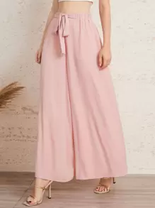Mulvari Elastic Waist Tie Front Super Palazzo Pants - Baby Pink - View 1