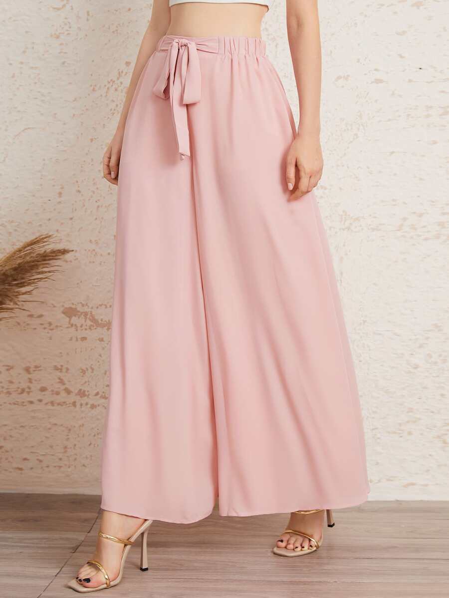 Mulvari Elastic Waist Tie Front Super Palazzo Pants - Baby Pink - View 1