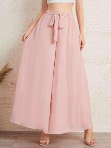Mulvari Elastic Waist Tie Front Super Palazzo Pants - Baby Pink - View 3