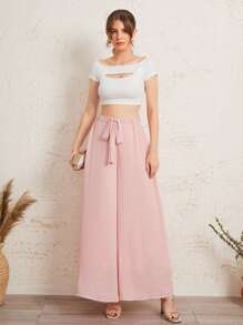 Mulvari Elastic Waist Tie Front Super Palazzo Pants - Baby Pink - View 4