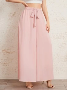 Mulvari Elastic Waist Tie Front Super Palazzo Pants - Baby Pink - View 5