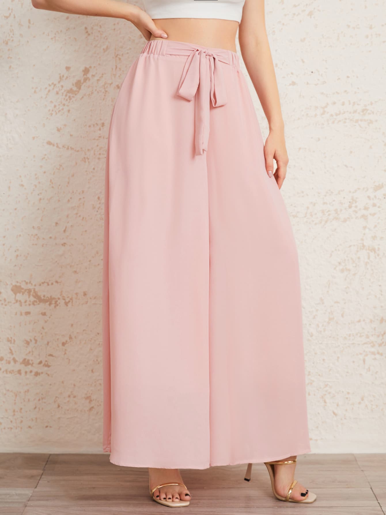 Mulvari Elastic Waist Tie Front Super Palazzo Pants - Baby Pink - View 5