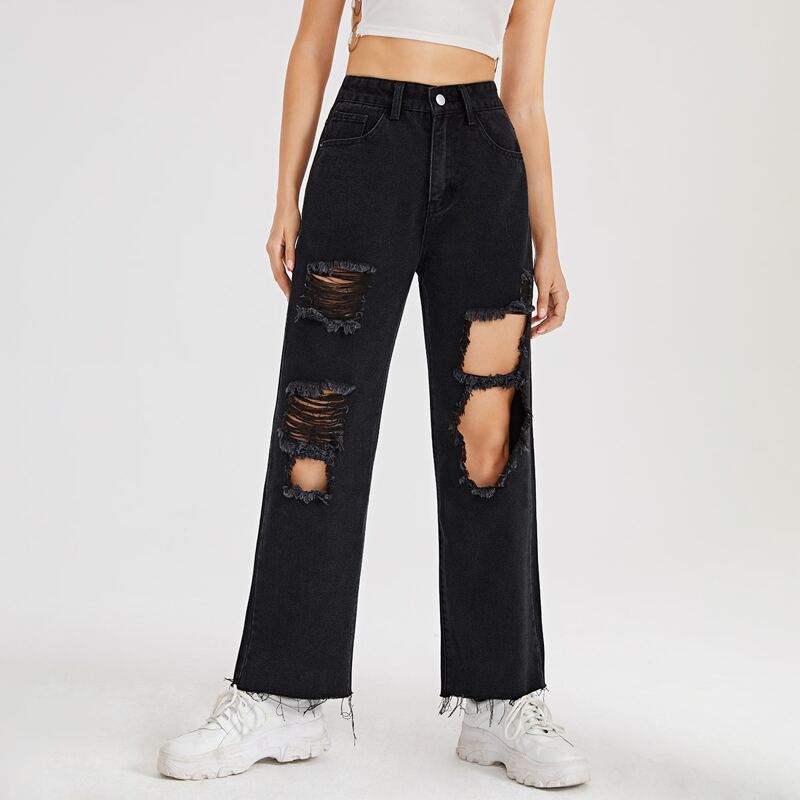 

Solid Raw Hem Ripped Jeans, Black