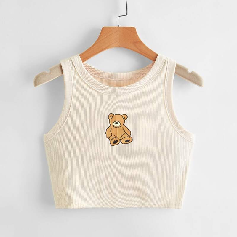 

Cartoon Bear Graphic Ribbed Tank Top, Apricot