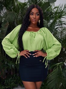 SHEIN VCAY Lantern Sleeve Knot Detail Top - Lime Green - View 1