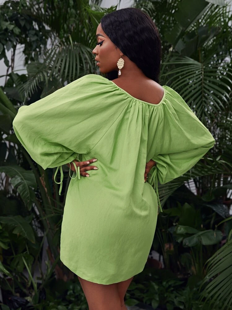 SHEIN VCAY Top con nudo de manga farol - Verde Lima - Ver 2