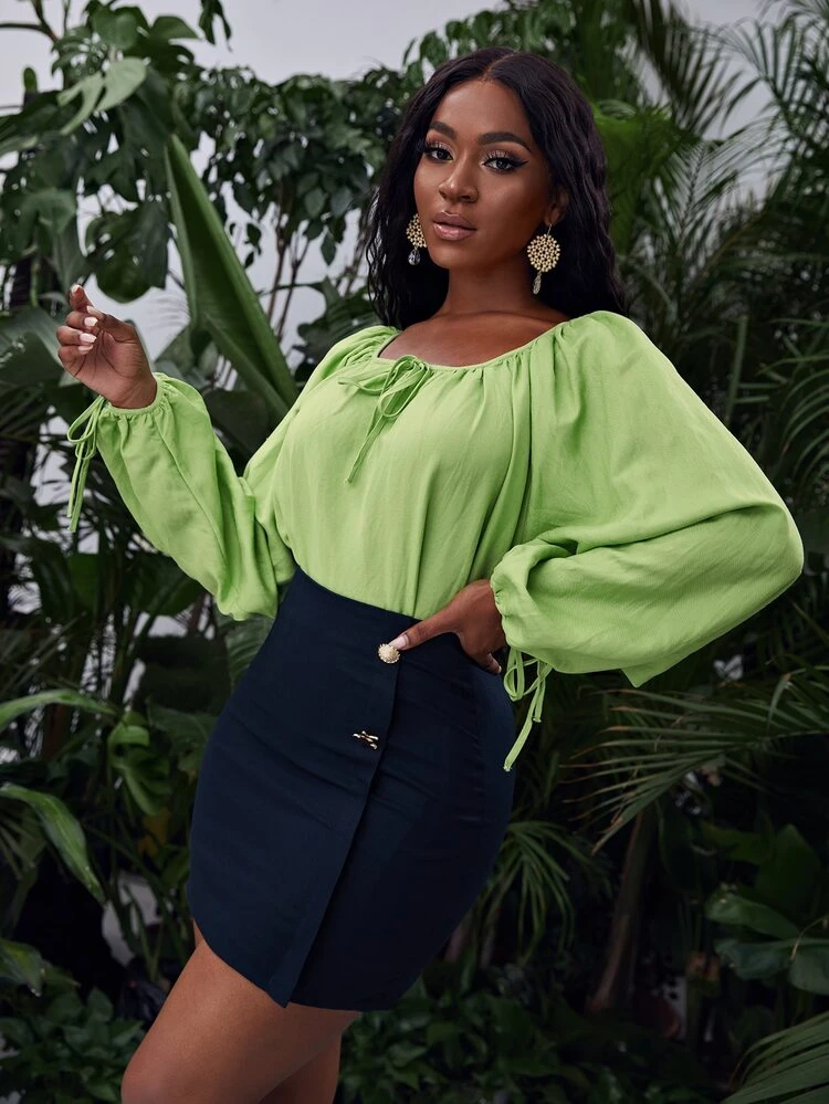 SHEIN VCAY Top con nudo de manga farol - Verde Lima - Ver 3