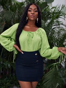 SHEIN VCAY Lantern Sleeve Knot Detail Top - Lime Green - View 5