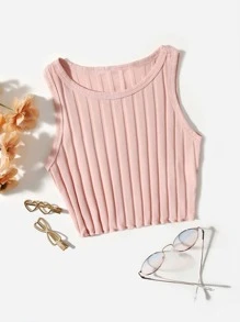 SHEIN Tank Tops & Camis Bé Gái Xù nhỏ Gân đan màu trơn Giải trí - Bụi hồng - Xem 1