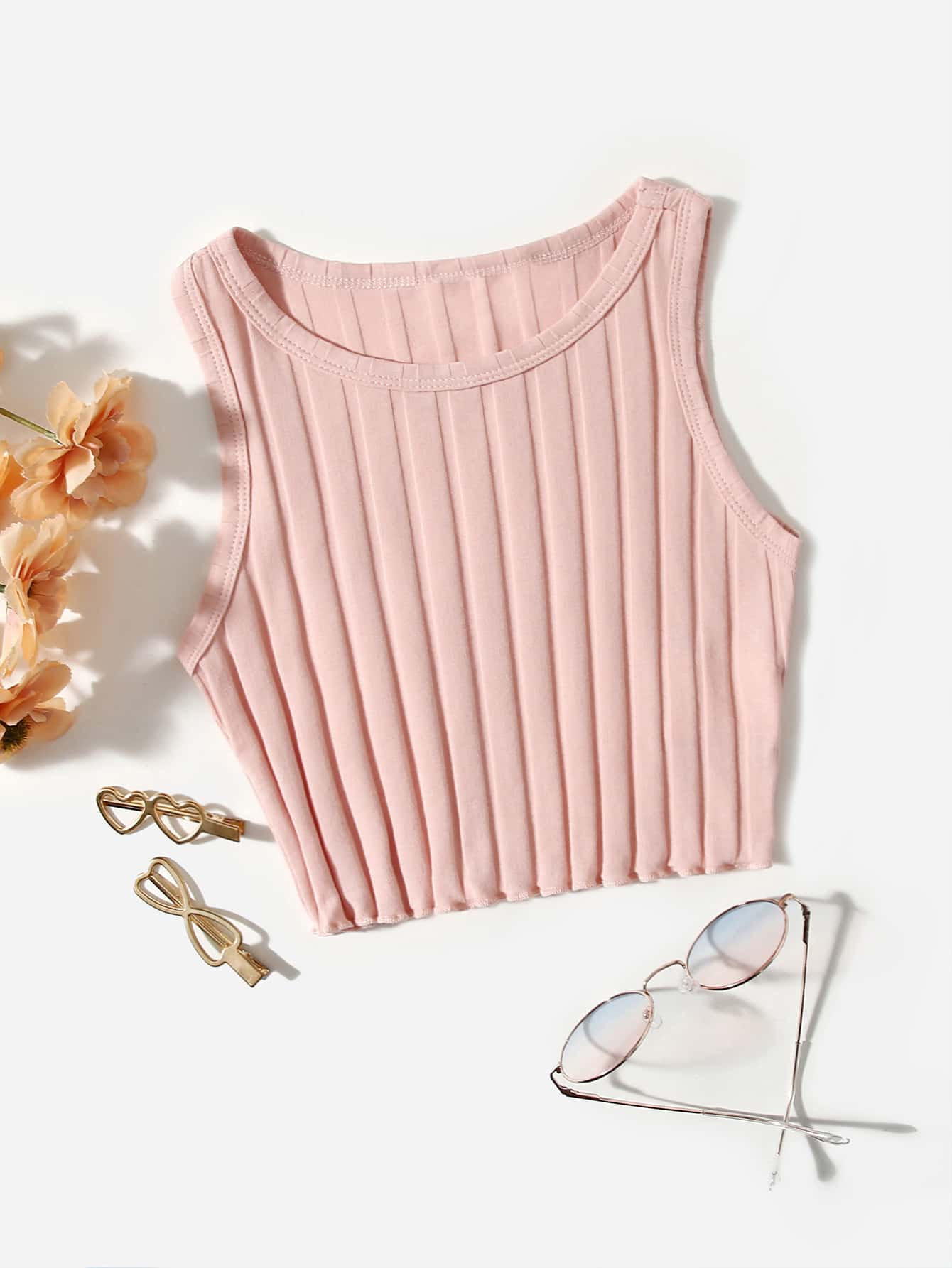 SHEIN Tank Tops & Camis Bé Gái Xù nhỏ Gân đan màu trơn Giải trí - Bụi hồng - Xem 1