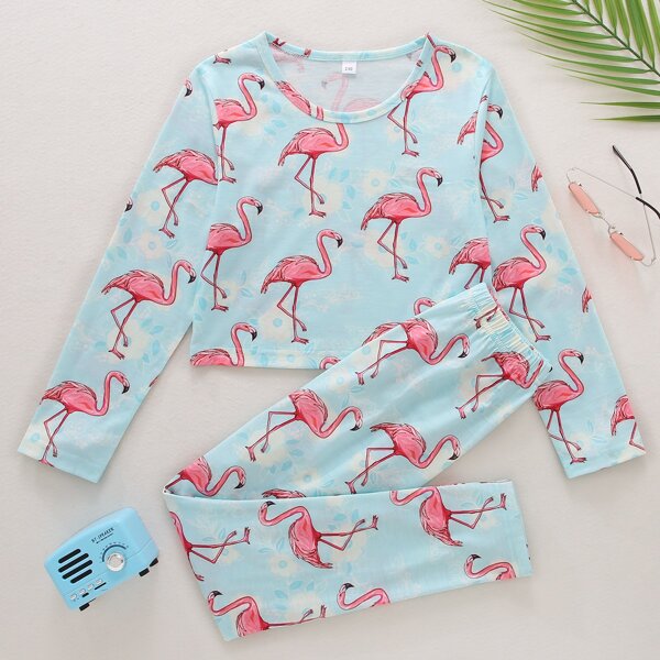 

Girls Flamingo Print Tee & Pants, Blue