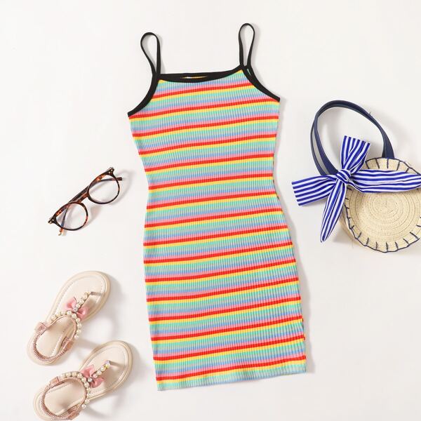 

Girls Rainbow Striped Rib-knit Bodycon Dress, Multicolor
