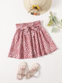 SHEIN Tween Girl Ditsy Floral Paperbag Waist Belted Skirt