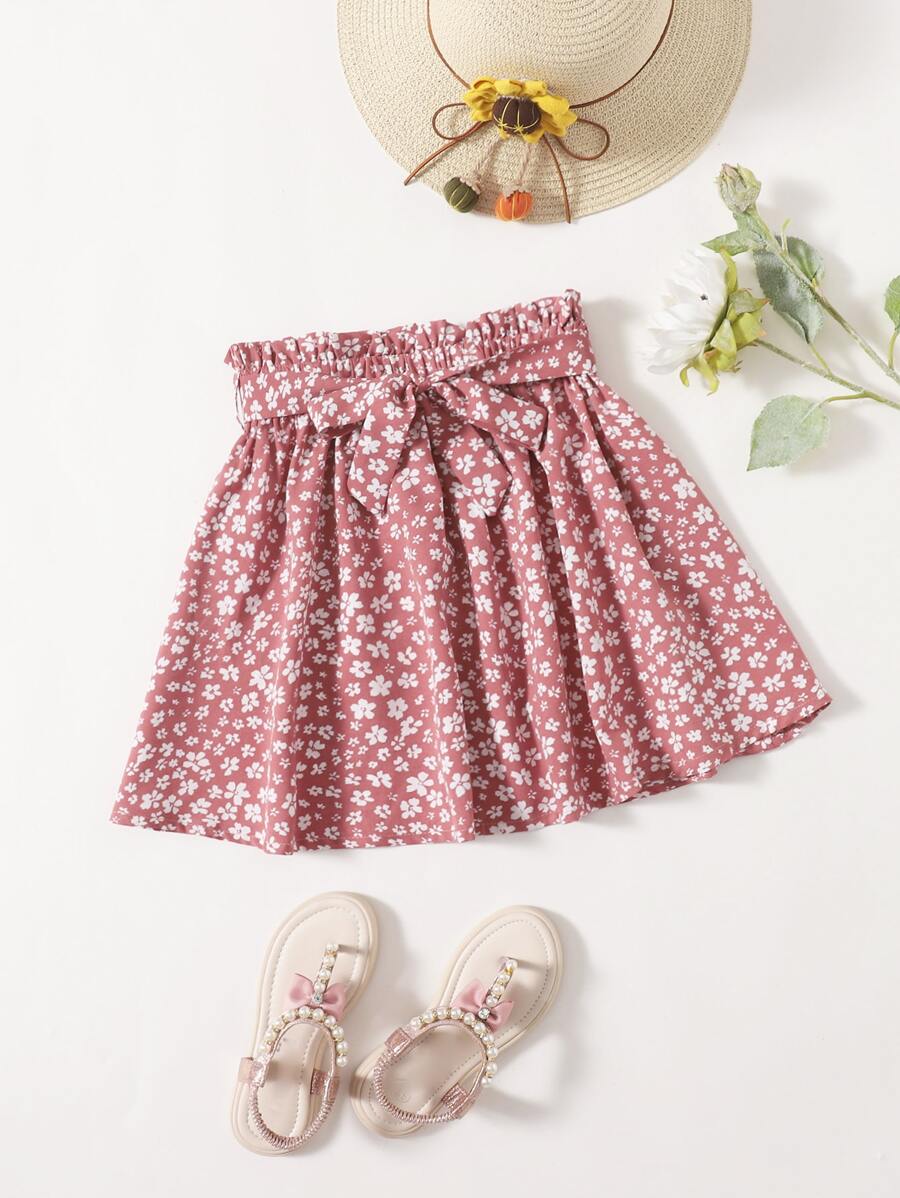 SHEIN Tween Girl Ditsy Floral Paperbag Waist Belted Skirt