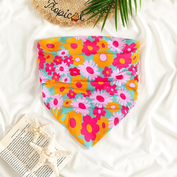 

Floral Hanky Hem Bandeau Tankini Top, Multicolor