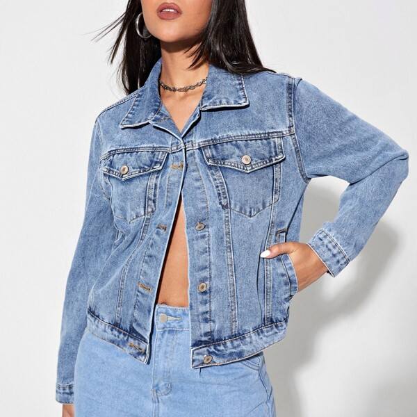 

Solid Flap Pocket Button Front Denim Jacket, Light wash