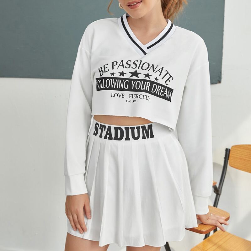 

Slogan Graphic Top & Pleated Skirt, White