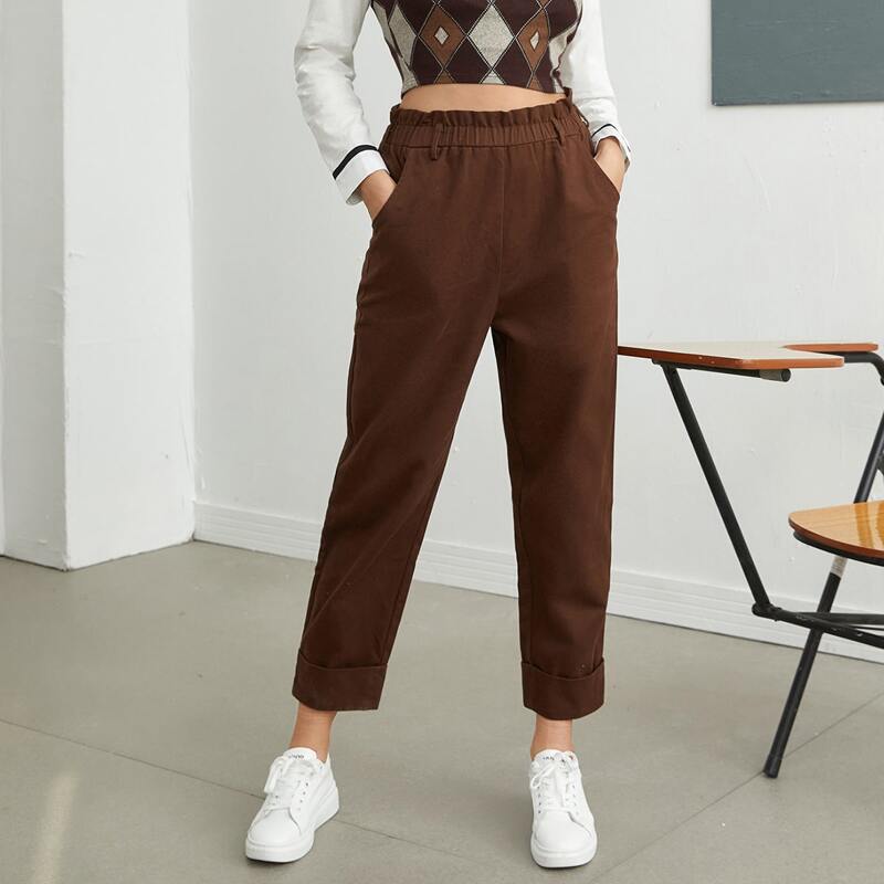 

Slant Pocket Paperbag Waist Carrot Pants, Coffee brown
