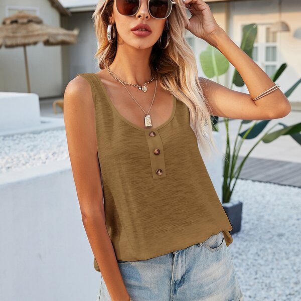 

Solid Half Button Tank Top, Brown