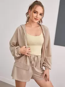 Solid Zip Up Hoodie & Track Shorts Set - Khaki - View 1