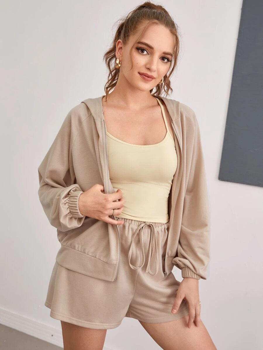 Solid Zip Up Hoodie & Track Shorts Set - Khaki - View 1