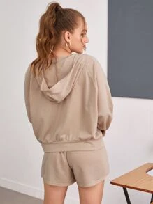 Solid Zip Up Hoodie & Track Shorts Set - Khaki - View 2