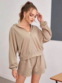 Solid Zip Up Hoodie & Track Shorts Set - Khaki - View 3