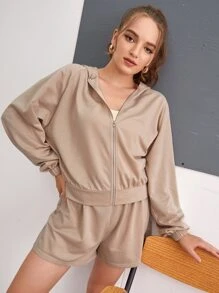 Solid Zip Up Hoodie & Track Shorts Set - Khaki - View 4