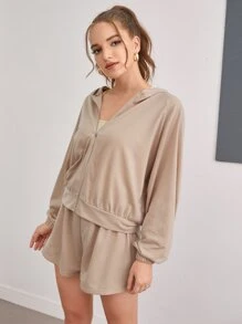 Solid Zip Up Hoodie & Track Shorts Set - Khaki - View 5