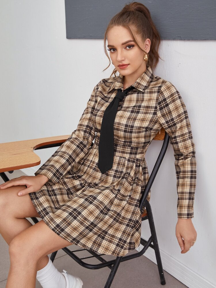 Plaid Print Tie Detail A-Line Dress - Multicolor - View 3