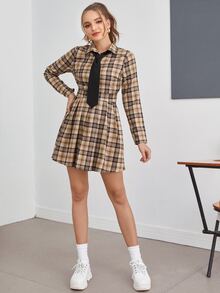 Plaid Print Tie Detail A-Line Dress - Multicolor - View 4