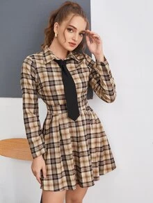 Plaid Print Tie Detail A-Line Dress - Multicolor - View 5
