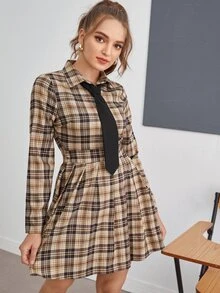 Plaid Print Tie Detail A-Line Dress - Multicolor - View 6