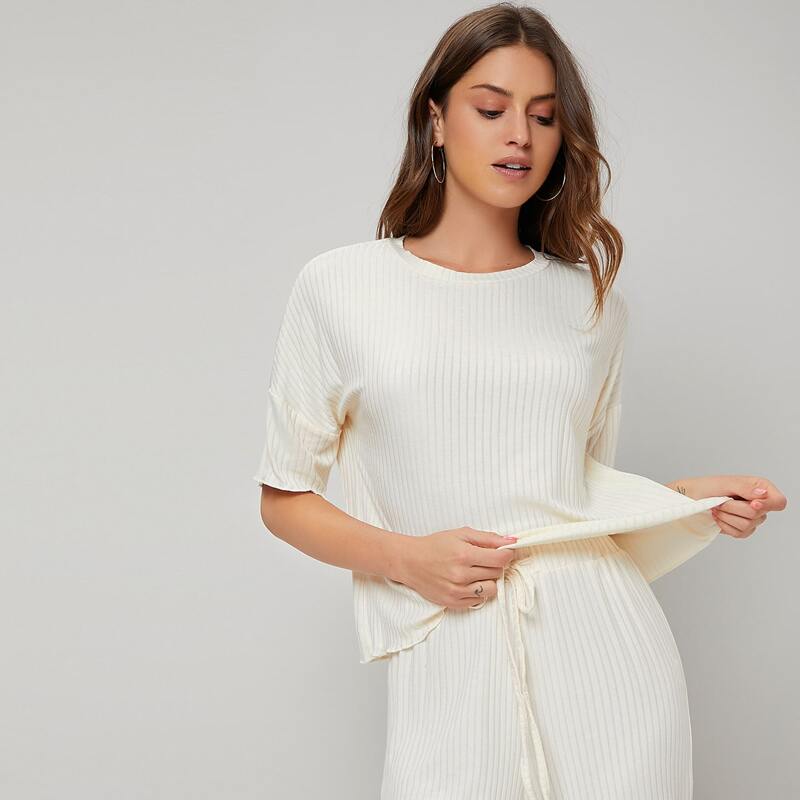 

Lettuce Trim Rib-knit Lounge Top, Beige