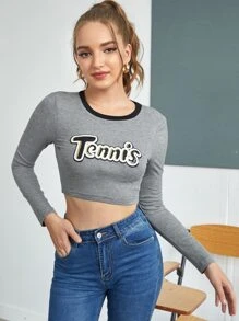 Letter Graphic Crop Tee - Grey - View 5