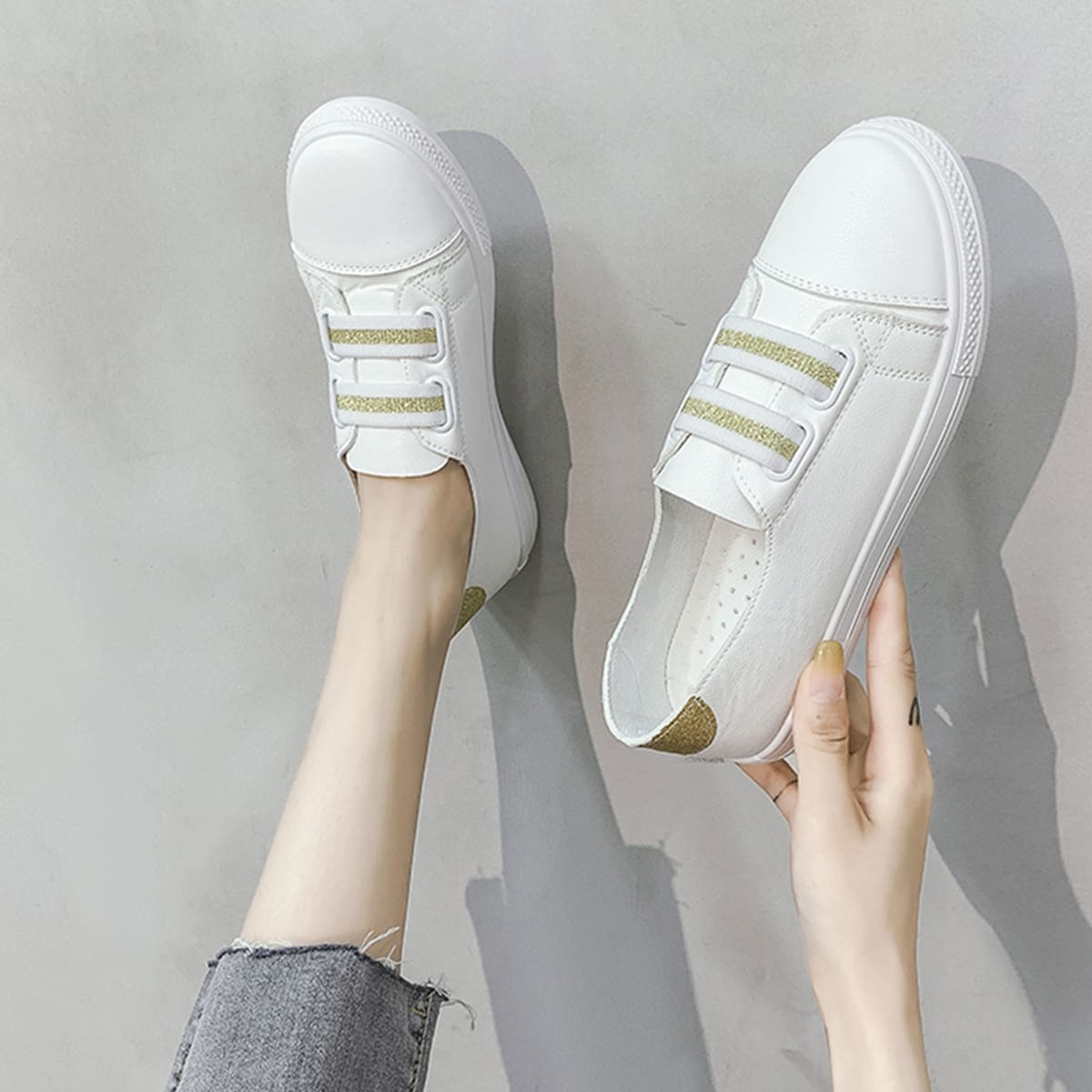 

Striped Pattern Slip On Sneakers, White