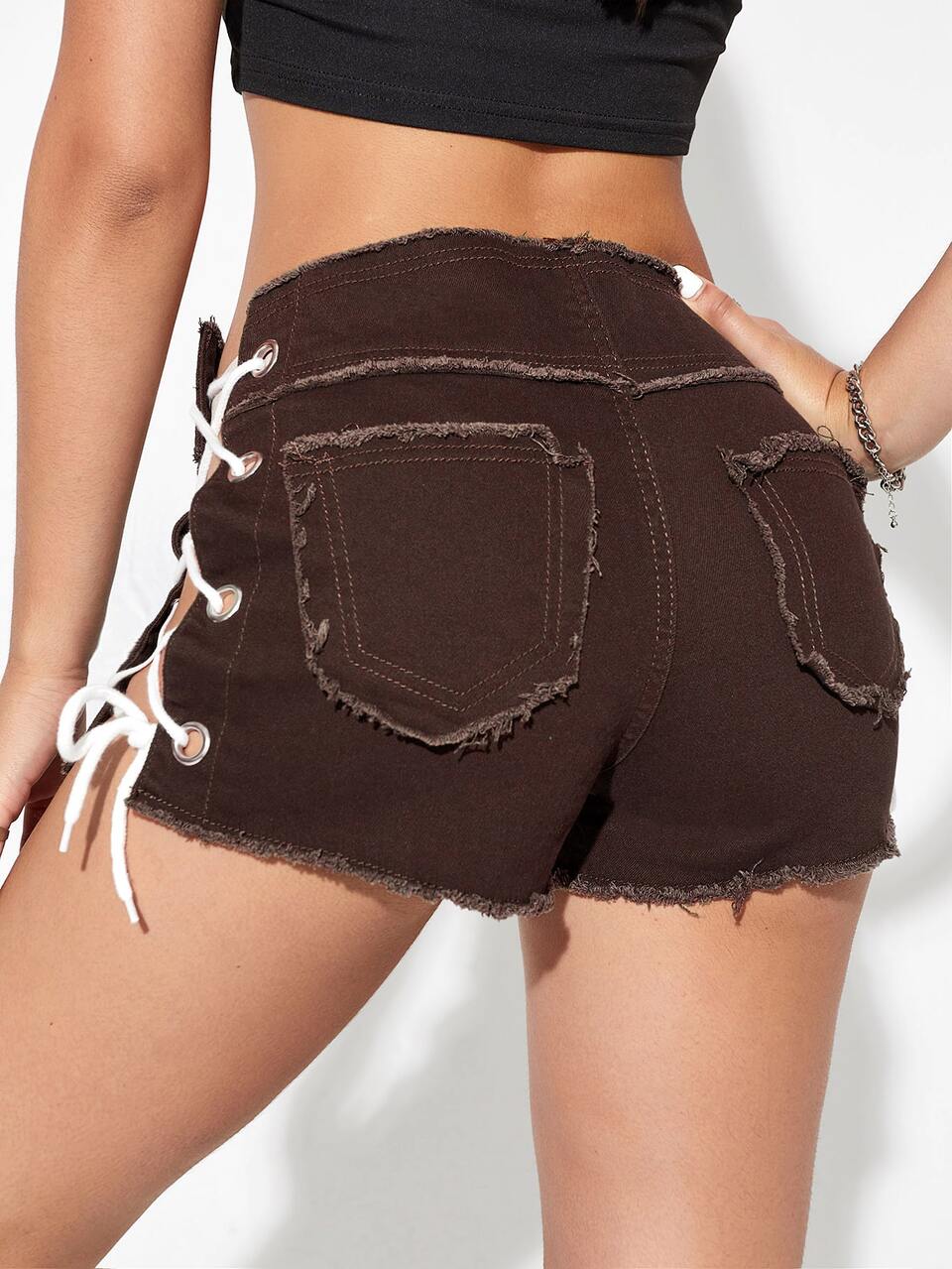 Lace Up Side Raw Hem Denim Shorts