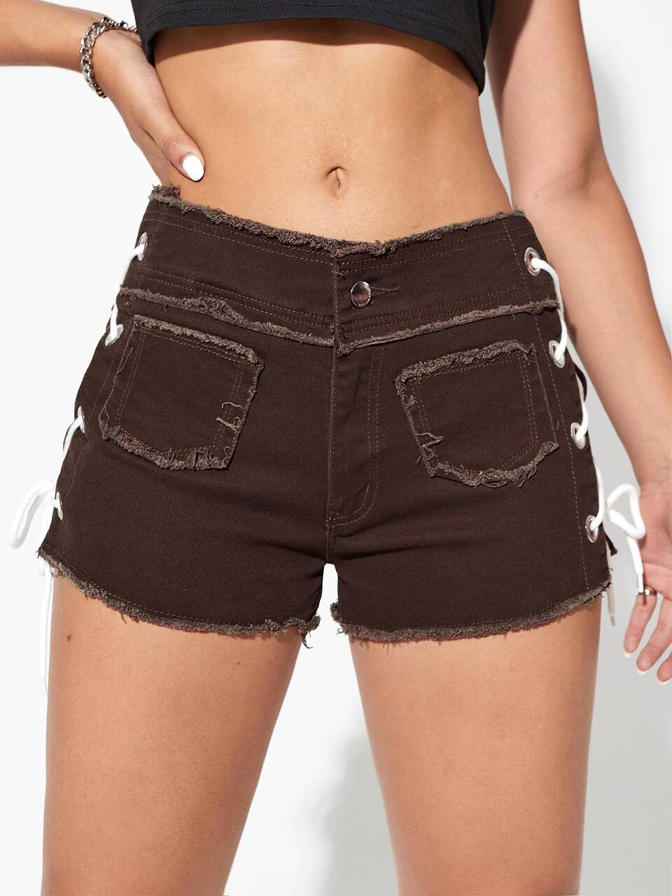 Lace Up Side Raw Hem Denim Shorts